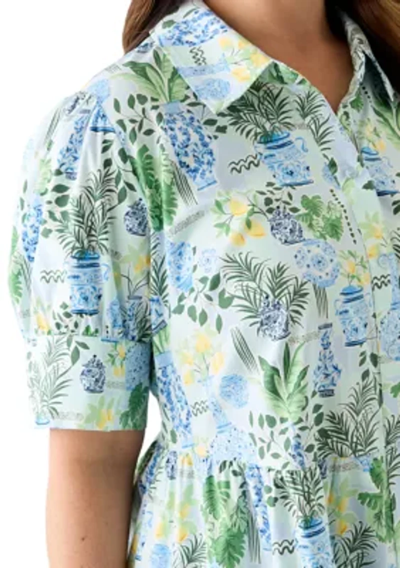 Plus Short Sleeve Printed Shirtdress