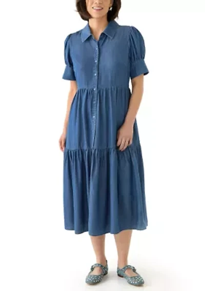 Petite Short Sleeve Collared Tiered Dress