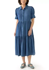 Petite Short Sleeve Collared Tiered Dress
