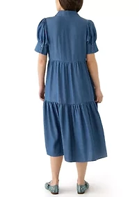 Petite Short Sleeve Collared Tiered Dress