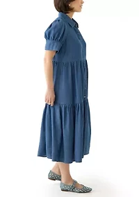 Petite Short Sleeve Collared Tiered Dress