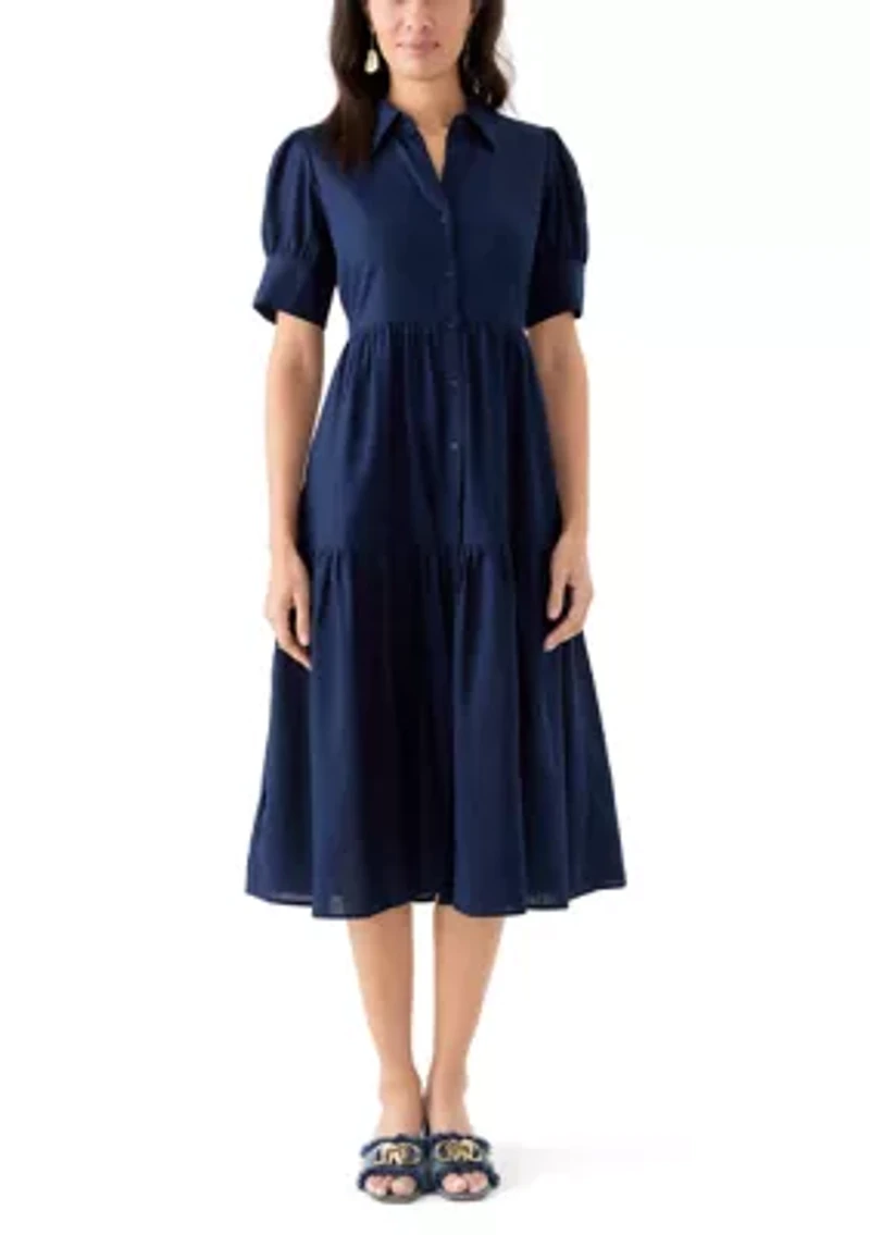 Women's Short Sleeve Tiered Linen Blend Shirtdress