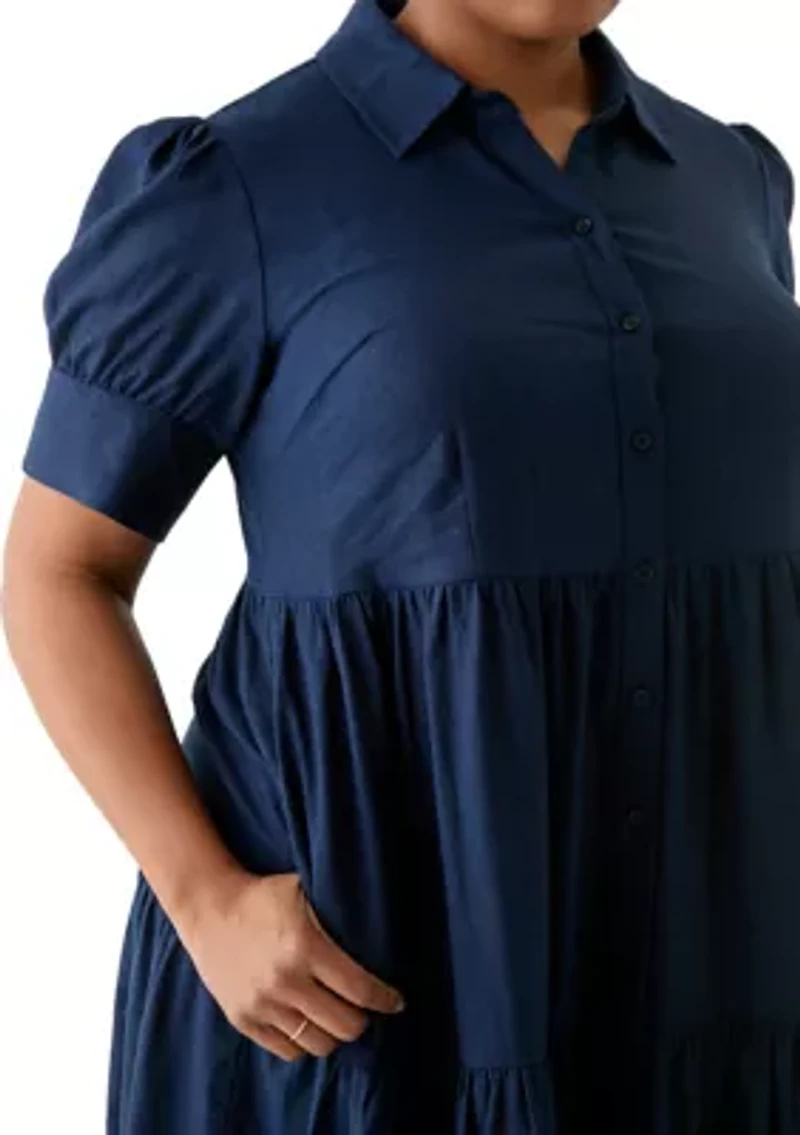 Plus Short Sleeve Tiered Shirtdress