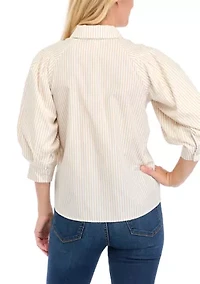 Petite Balloon Sleeve Striped Woven Blouse