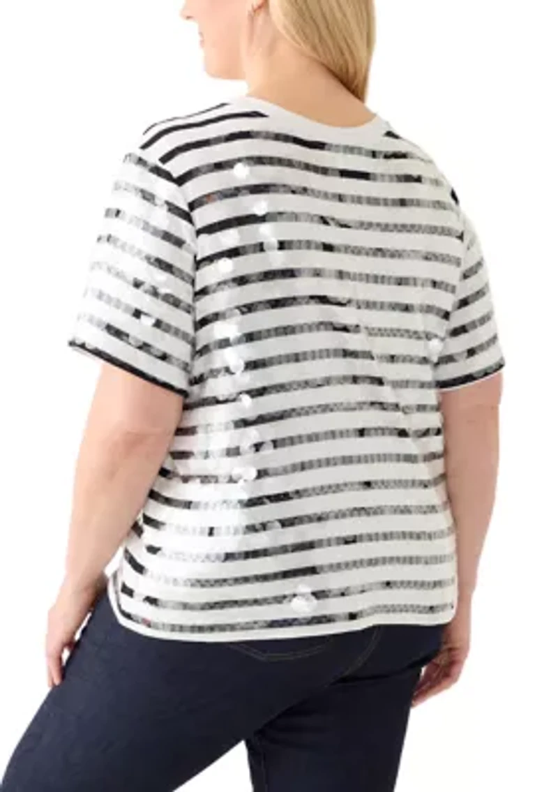 Plus Stripe Clear Sequin T-Shirt