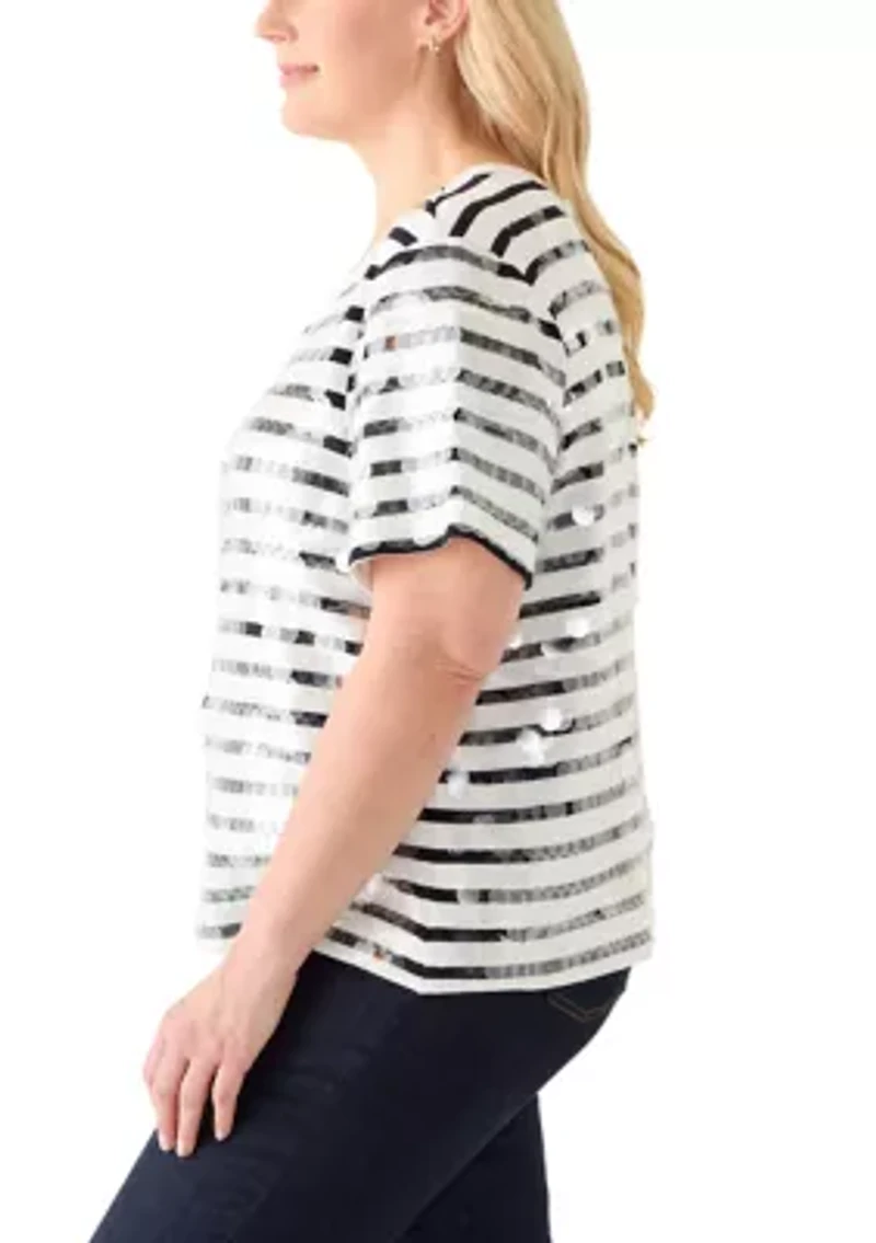 Plus Stripe Clear Sequin T-Shirt