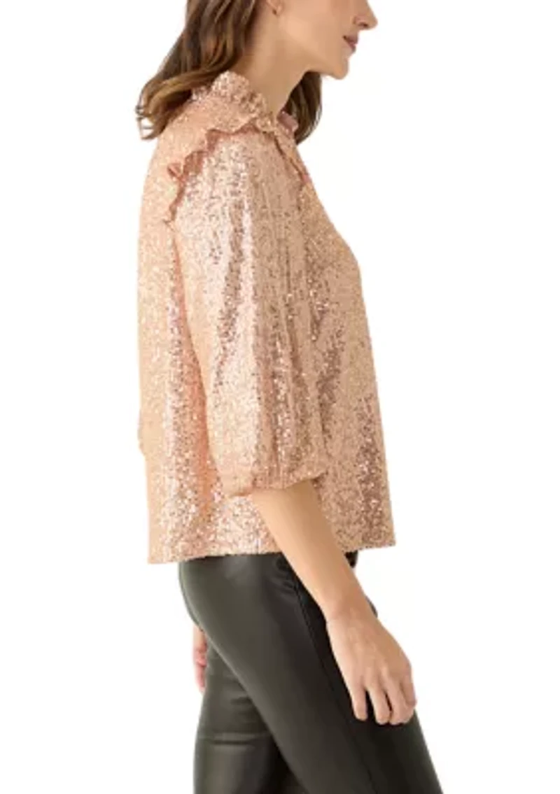 Women's 3/4 Ruffle Sleeve Sequin Top