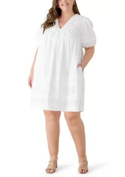 Plus Puff Sleeve Pintuck Short Dress