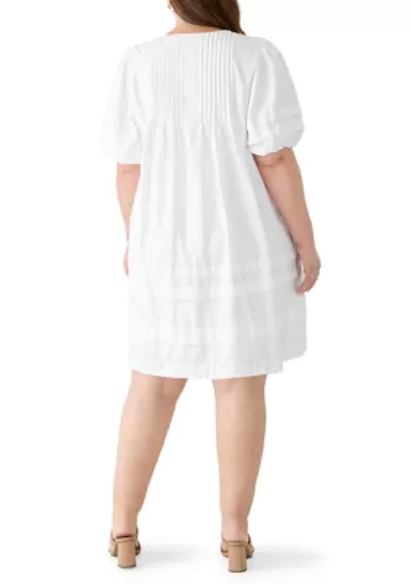 Plus Puff Sleeve Pintuck Short Dress