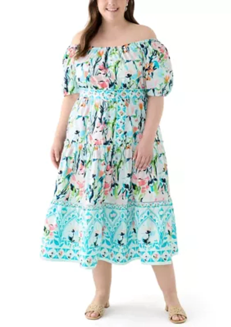 Plus Off the Shoulder Puff Sleeve Printed Maxi Dress