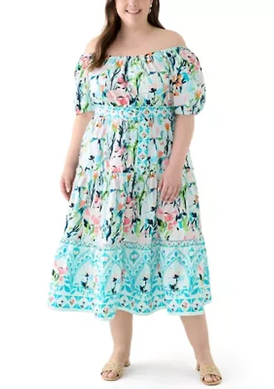 Plus Off the Shoulder Puff Sleeve Printed Maxi Dress