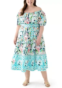 Plus Off the Shoulder Puff Sleeve Printed Maxi Dress
