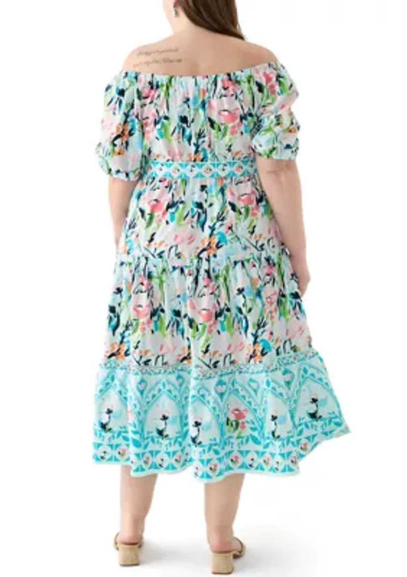 Plus Off the Shoulder Puff Sleeve Printed Maxi Dress