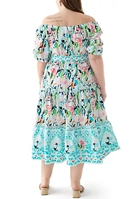 Plus Off the Shoulder Puff Sleeve Printed Maxi Dress