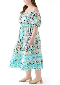 Plus Off the Shoulder Puff Sleeve Printed Maxi Dress