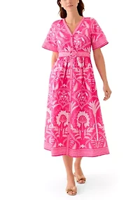 Women's Short Sleeve Embroidered Belted Midi Dress