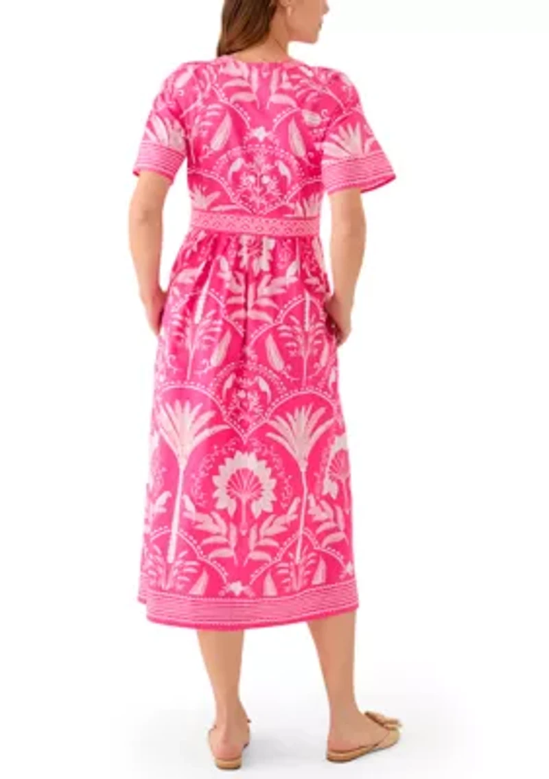 Women's Short Sleeve Embroidered Belted Midi Dress