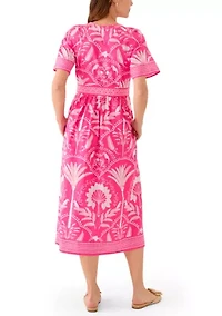 Women's Short Sleeve Embroidered Belted Midi Dress