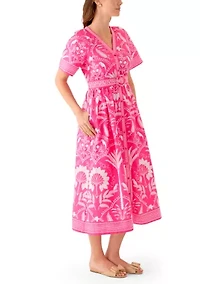 Women's Short Sleeve Embroidered Belted Midi Dress