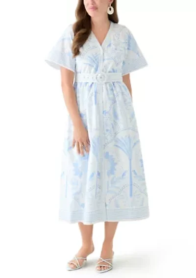 Petite Short Sleeve Embroidered Belted Midi Dress