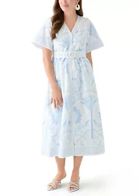Petite Short Sleeve Embroidered Belted Midi Dress
