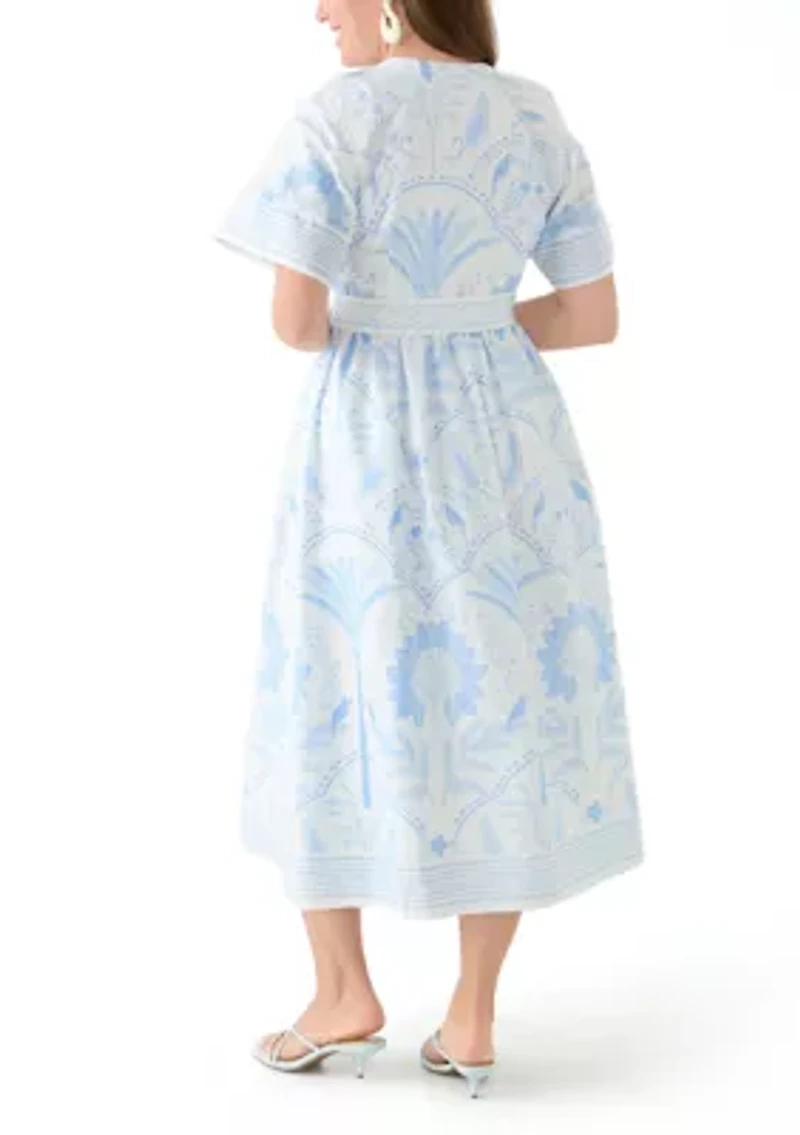 Petite Short Sleeve Embroidered Belted Midi Dress