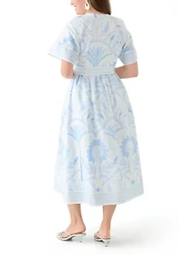 Petite Short Sleeve Embroidered Belted Midi Dress