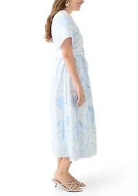 Petite Short Sleeve Embroidered Belted Midi Dress