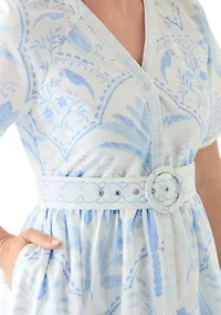 Petite Short Sleeve Embroidered Belted Midi Dress