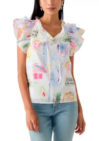 Women's Split Neck Tie Front Ruffle Sleeve Top