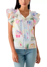 Women's Split Neck Tie Front Ruffle Sleeve Top