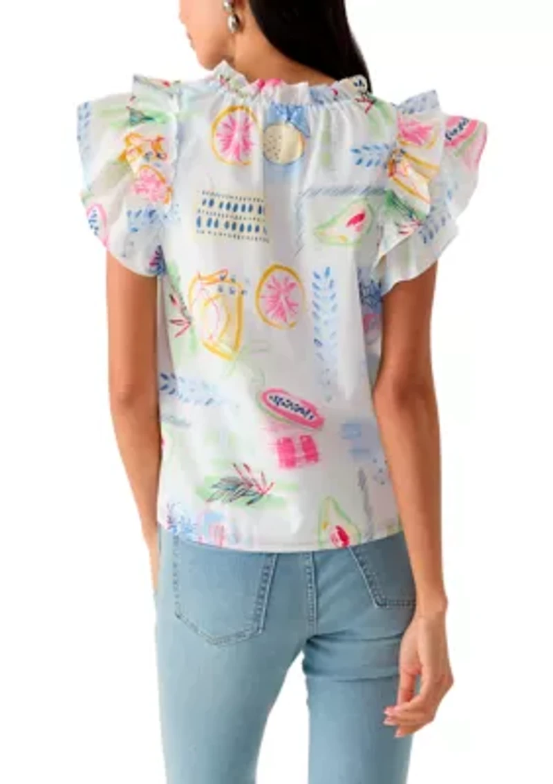 Women's Split Neck Tie Front Ruffle Sleeve Top