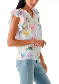 Women's Split Neck Tie Front Ruffle Sleeve Top