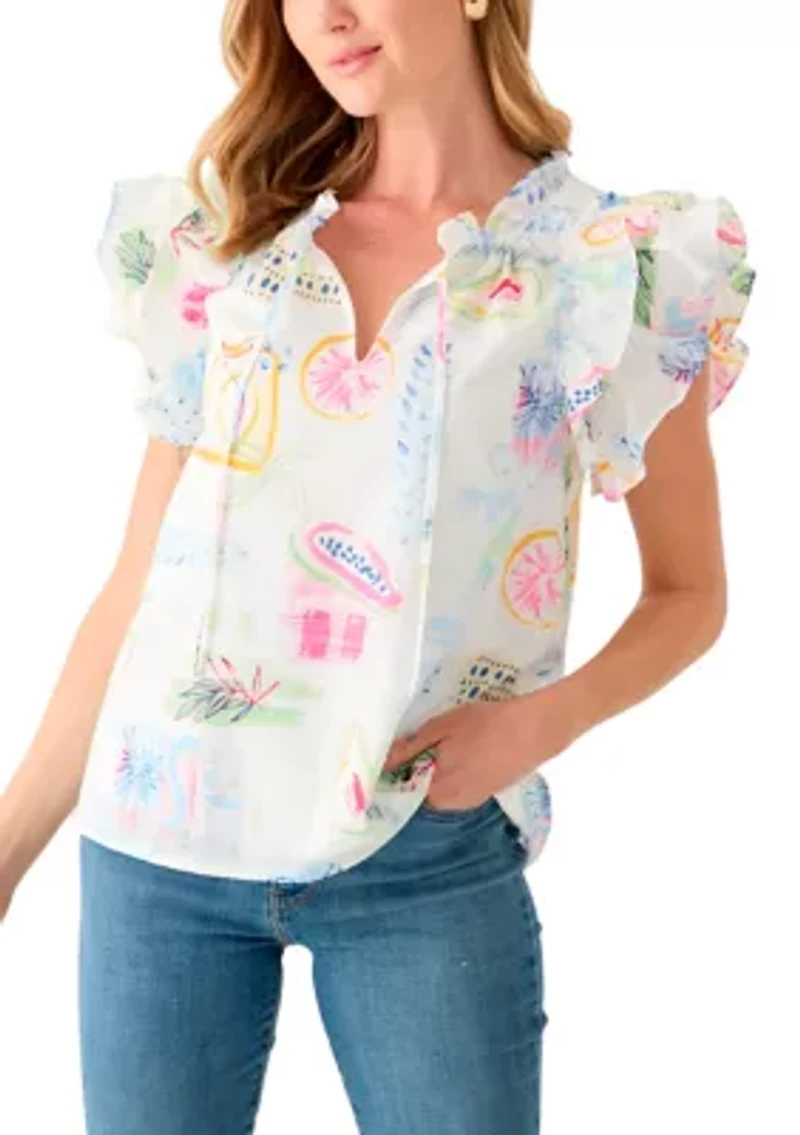Petite Split Tie Front Flutter Sleeve Blouse