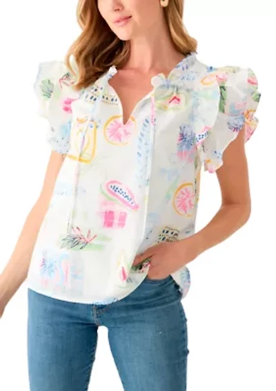 Petite Split Tie Front Flutter Sleeve Blouse