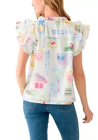 Petite Split Tie Front Flutter Sleeve Blouse