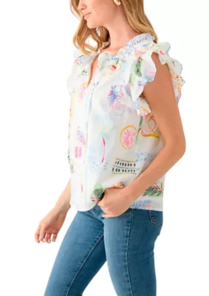 Petite Split Tie Front Flutter Sleeve Blouse