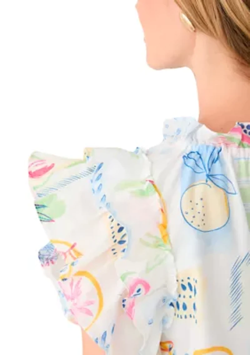 Petite Split Tie Front Flutter Sleeve Blouse