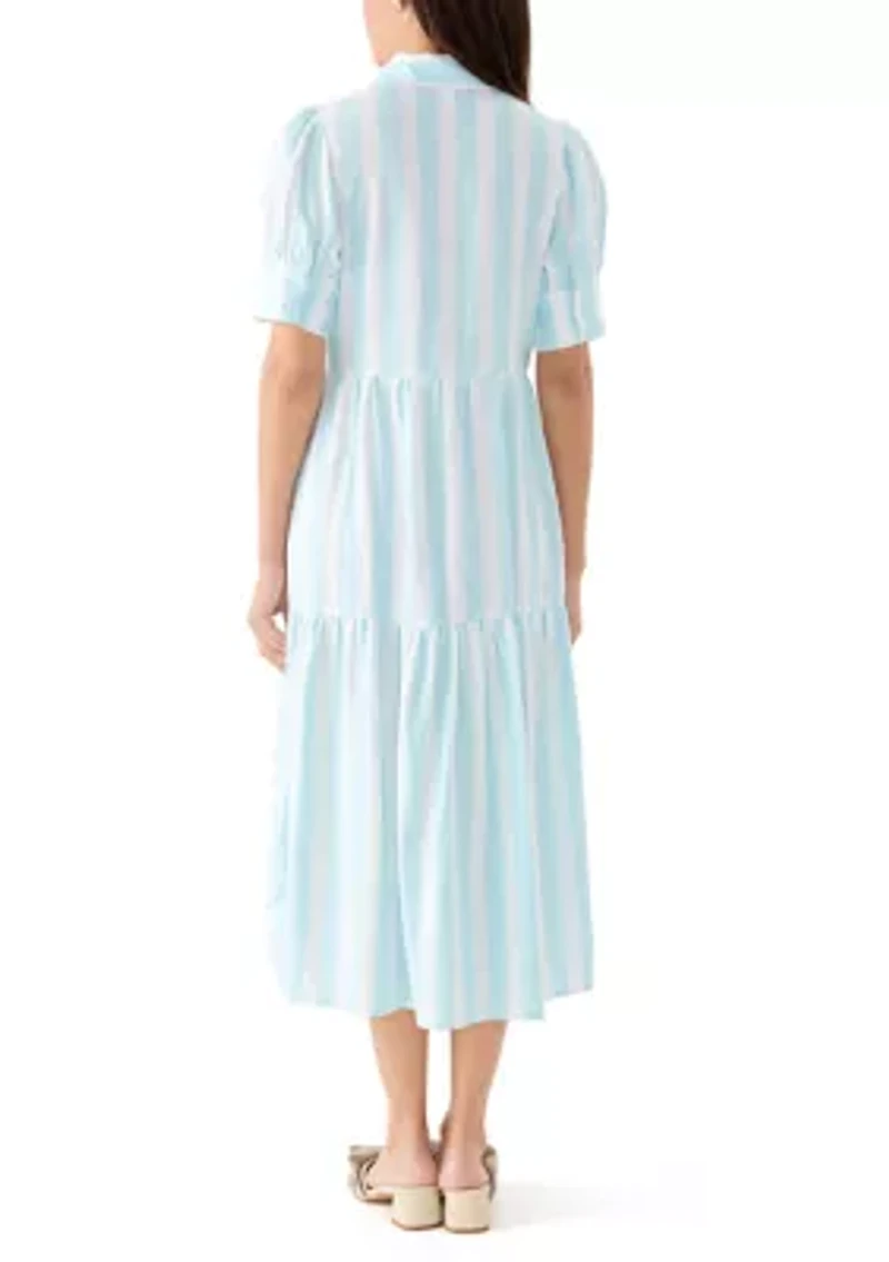 Women's Short Sleeve Tiered Striped Shirtdress