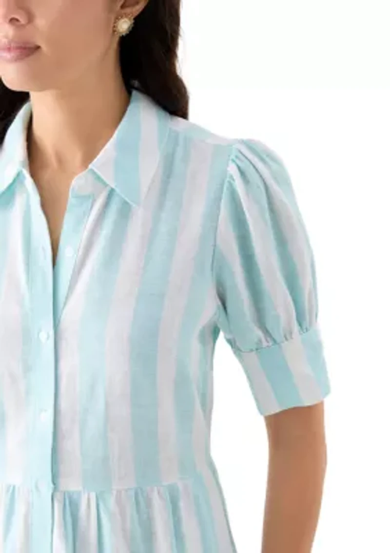 Women's Short Sleeve Tiered Striped Shirtdress
