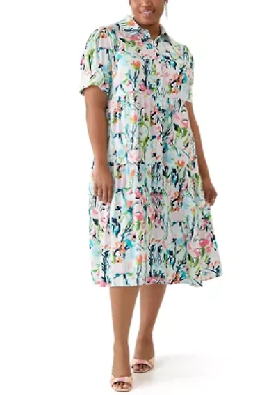 Plus Short Sleeve Tiered Linen Shirtdress