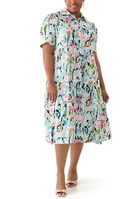 Plus Short Sleeve Tiered Linen Shirtdress
