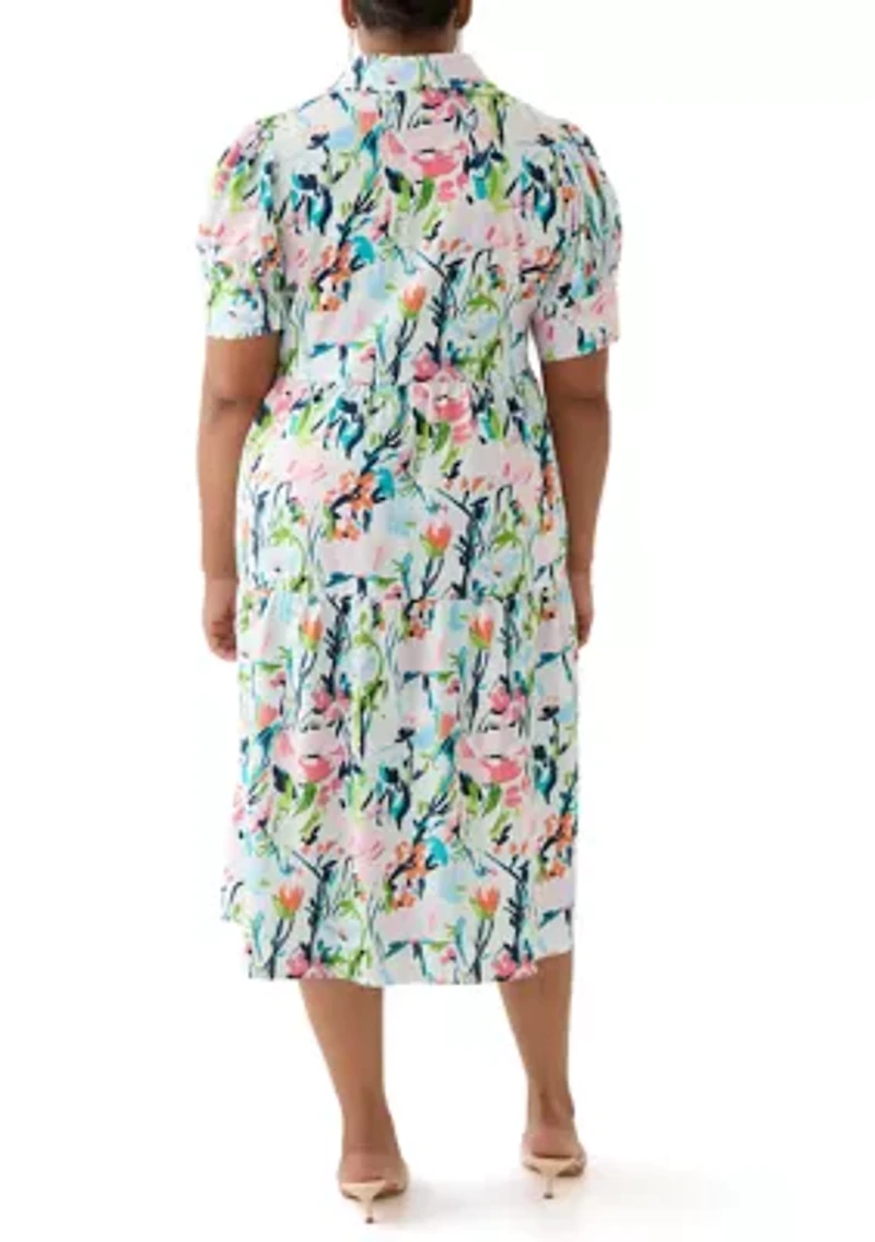 Plus Short Sleeve Tiered Linen Shirtdress