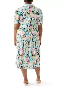 Plus Short Sleeve Tiered Linen Shirtdress