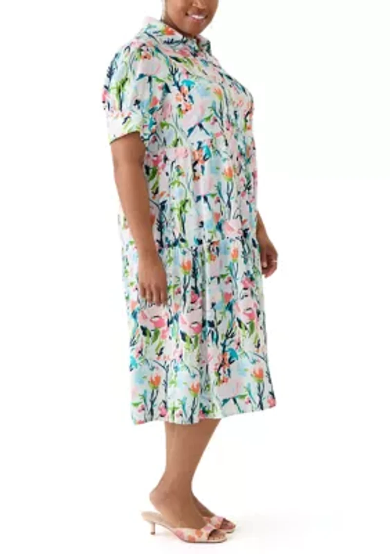 Plus Short Sleeve Tiered Linen Shirtdress
