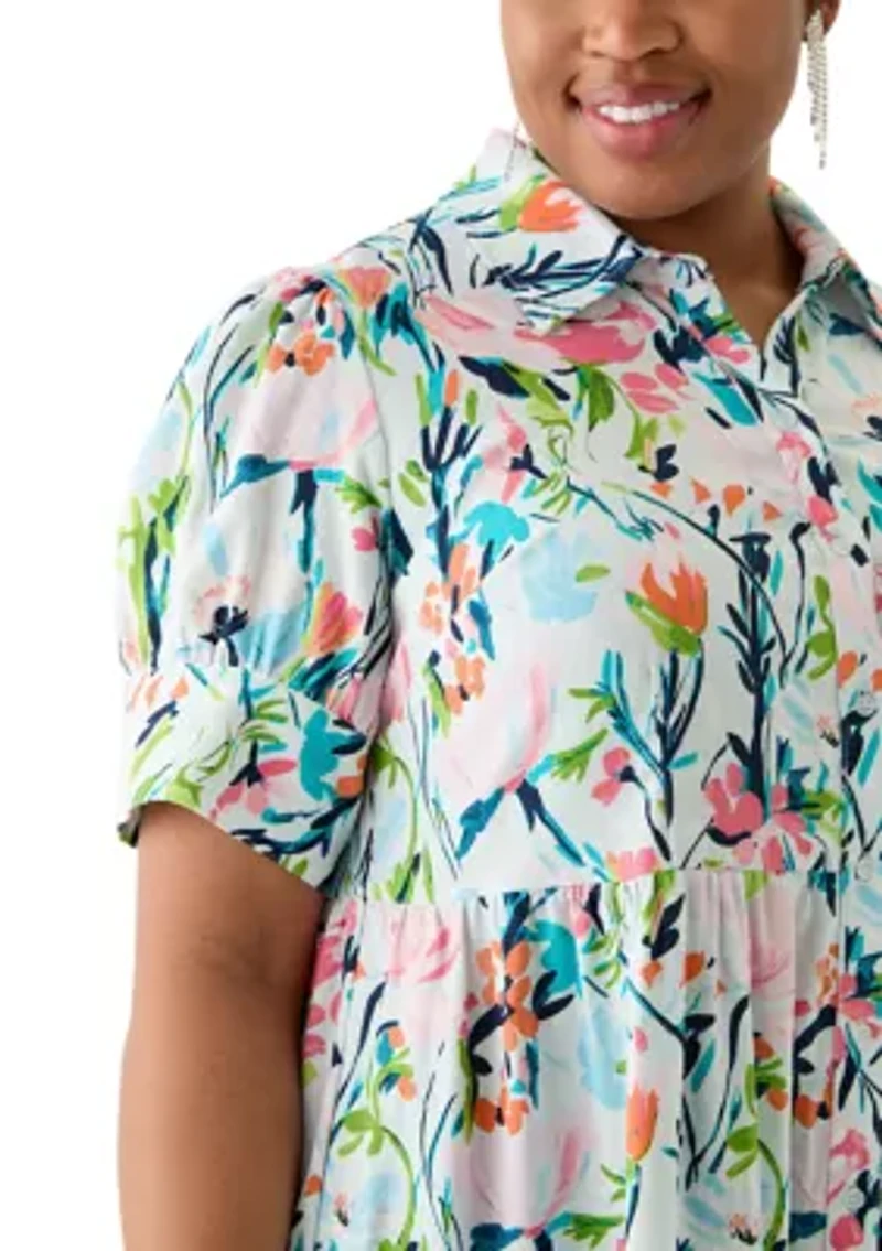 Plus Short Sleeve Tiered Linen Shirtdress
