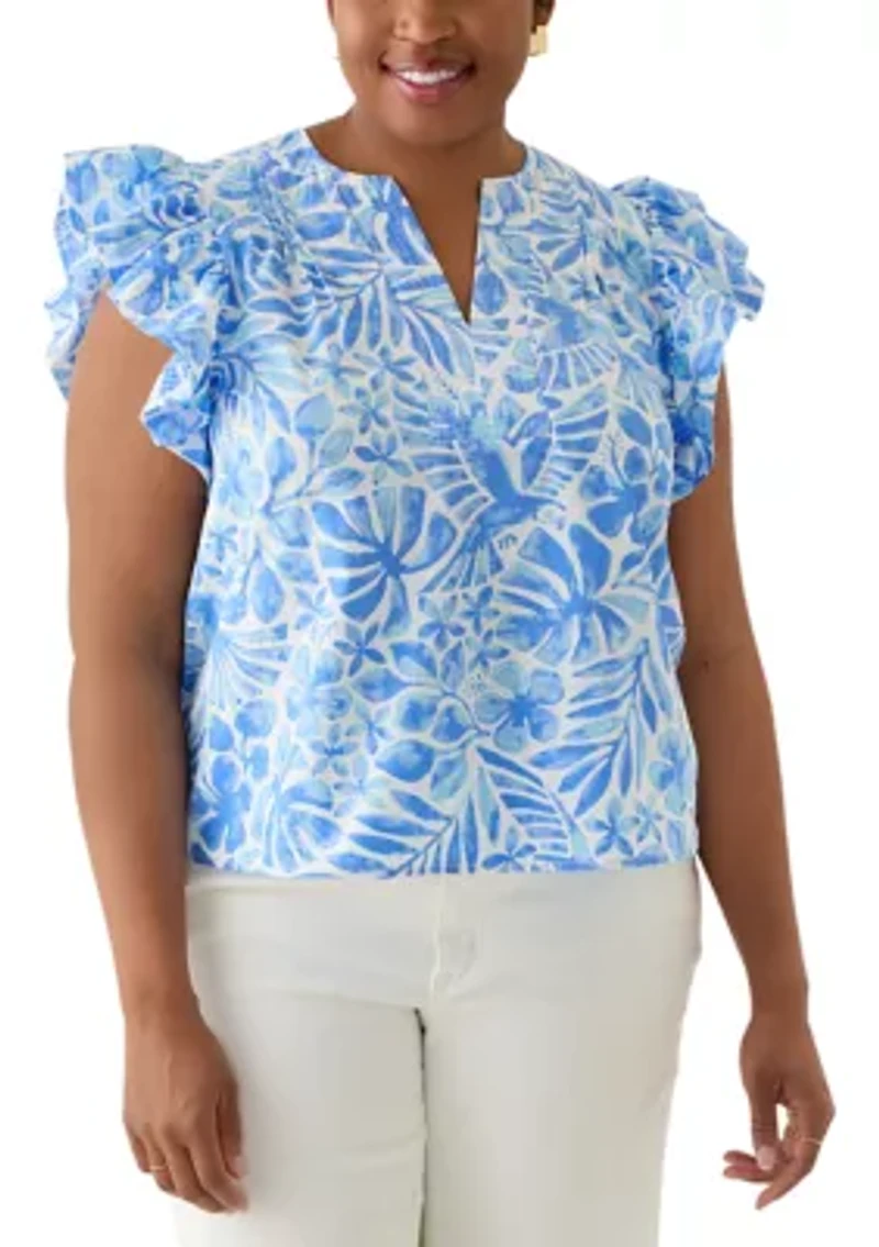 Plus Ruffle Split Neck Woven Blouse