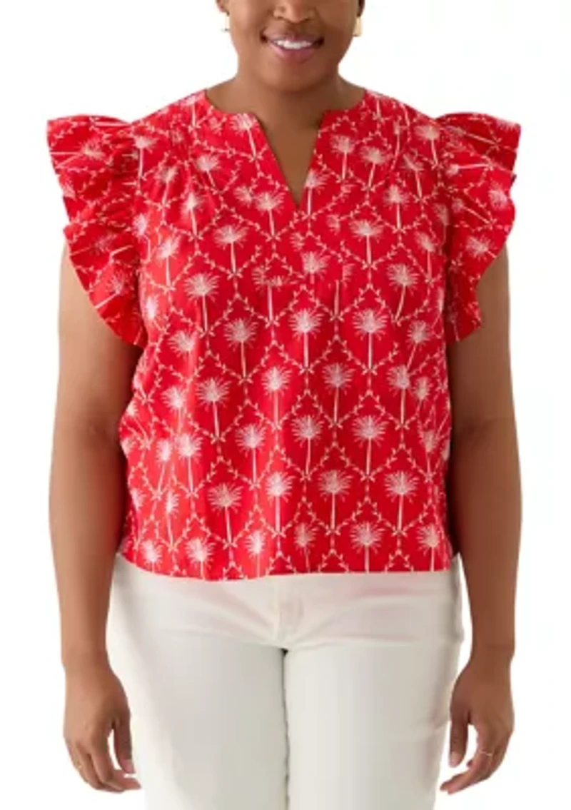 Plus Ruffle Split Neck Woven Blouse