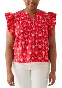 Plus Ruffle Split Neck Woven Blouse
