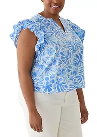Plus Ruffle Split Neck Woven Blouse